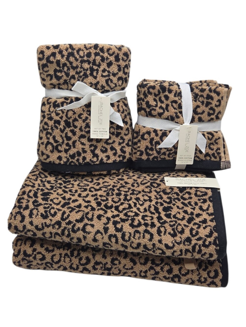 Rachel Zoe 8pc Leopard Cheetah Print Cotton Towel Set 2 Bath 2 Hand 4 Washcloths - Picture 1 of 12